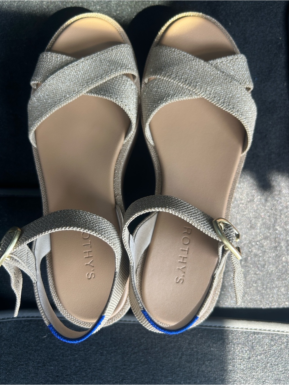 Rothy's Silver Metallic Crisscross Ankle-Strap Sandals with Blue Accent